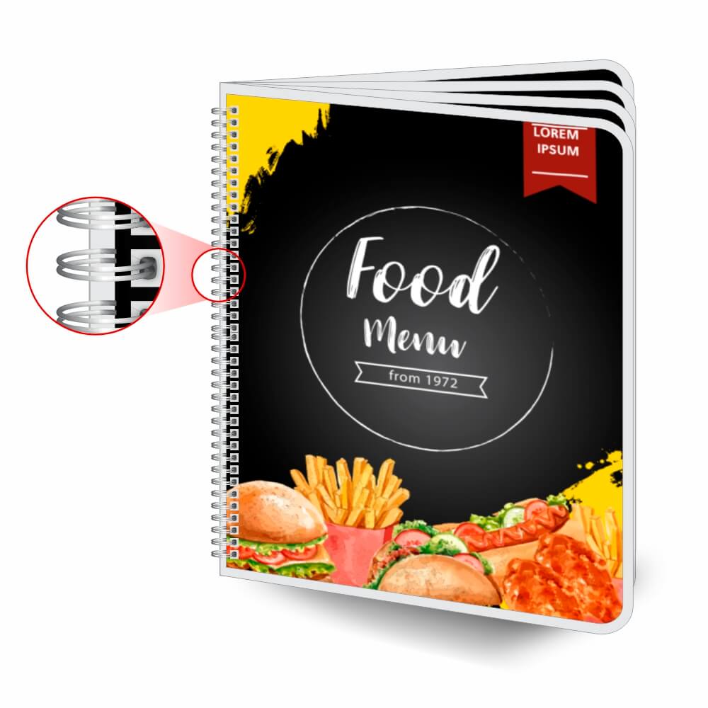 CARDÁPIOS CARDÁPIOS PERSONALIZADOS WIRE O 8 PÁGINAS PLASTIFICAÇÃO RÍGIDA 0,10MM COUCHÊ 150G 210X300MM - 4X4 - 5unid - CPRW2130A