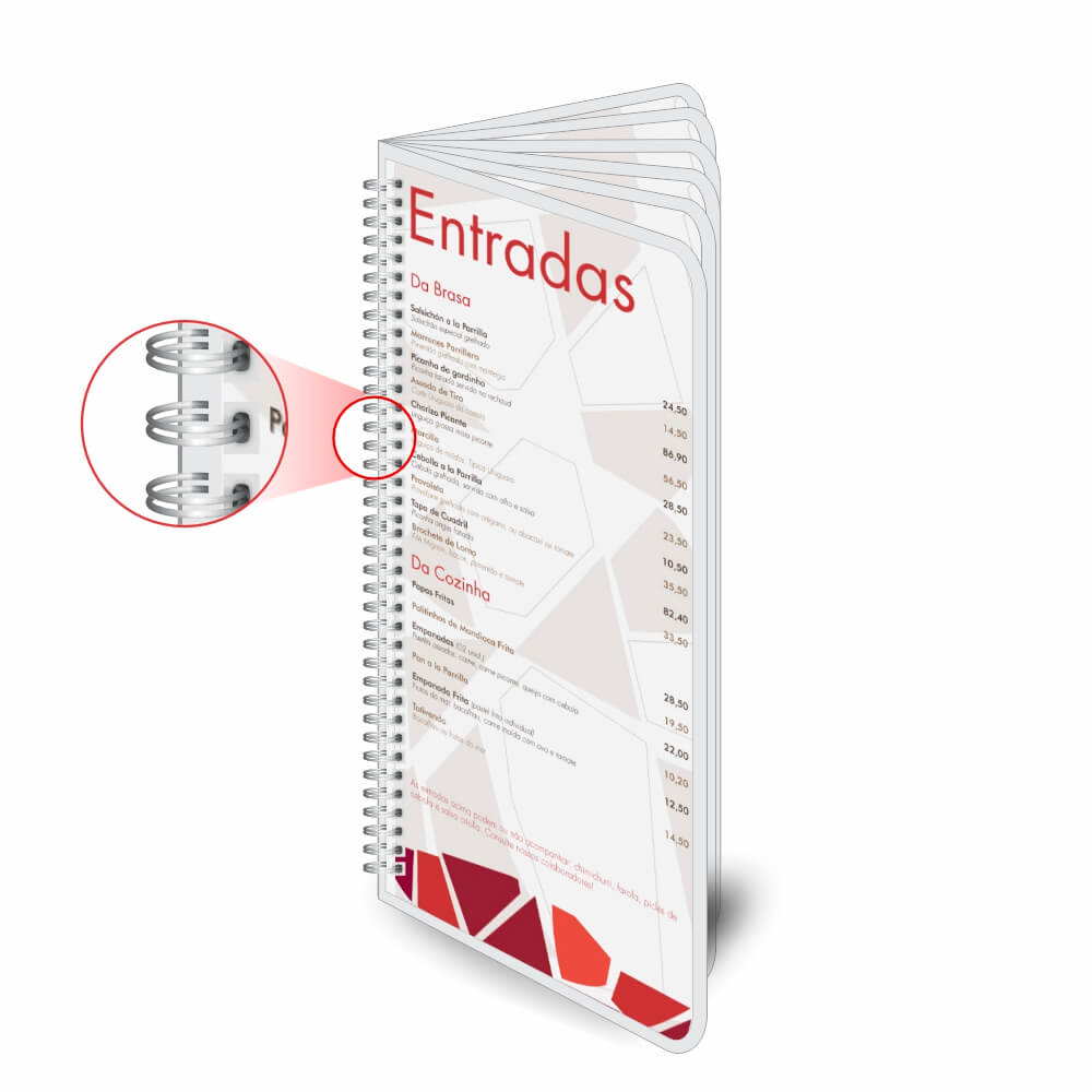 CARDÁPIOS CARDÁPIOS PERSONALIZADOS WIRE O 12 PÁGINAS PLASTIFICAÇÃO RÍGIDA 0,10MM COUCHÊ 150G 105X300MM - 4X4 - 20unid - CPCW12A1C