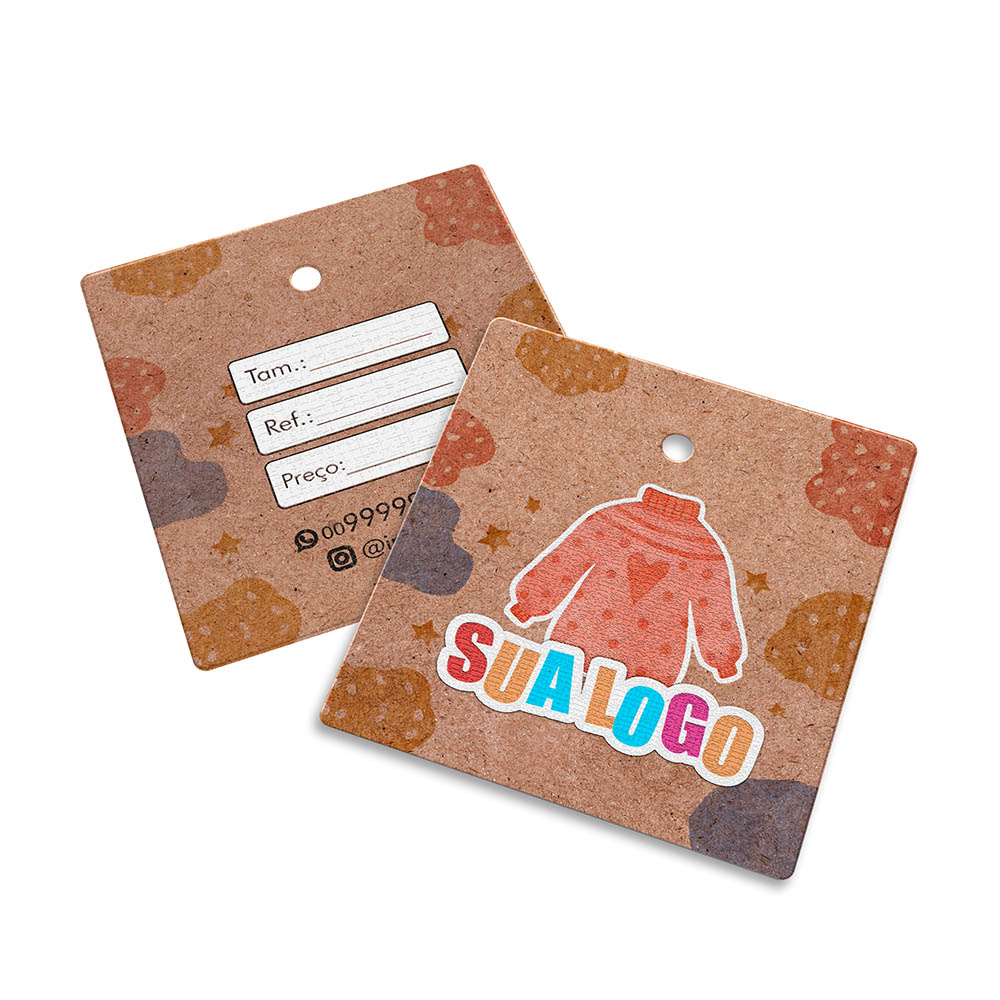 TAGS TAGS PADRÃO FURO KRAFT 250G SEM LAMINAÇÃO E SEM VERNIZ SEM VERNIZ COM TINTA BRANCA 45X51MM - 4X4 - 50unid - TDK450CC