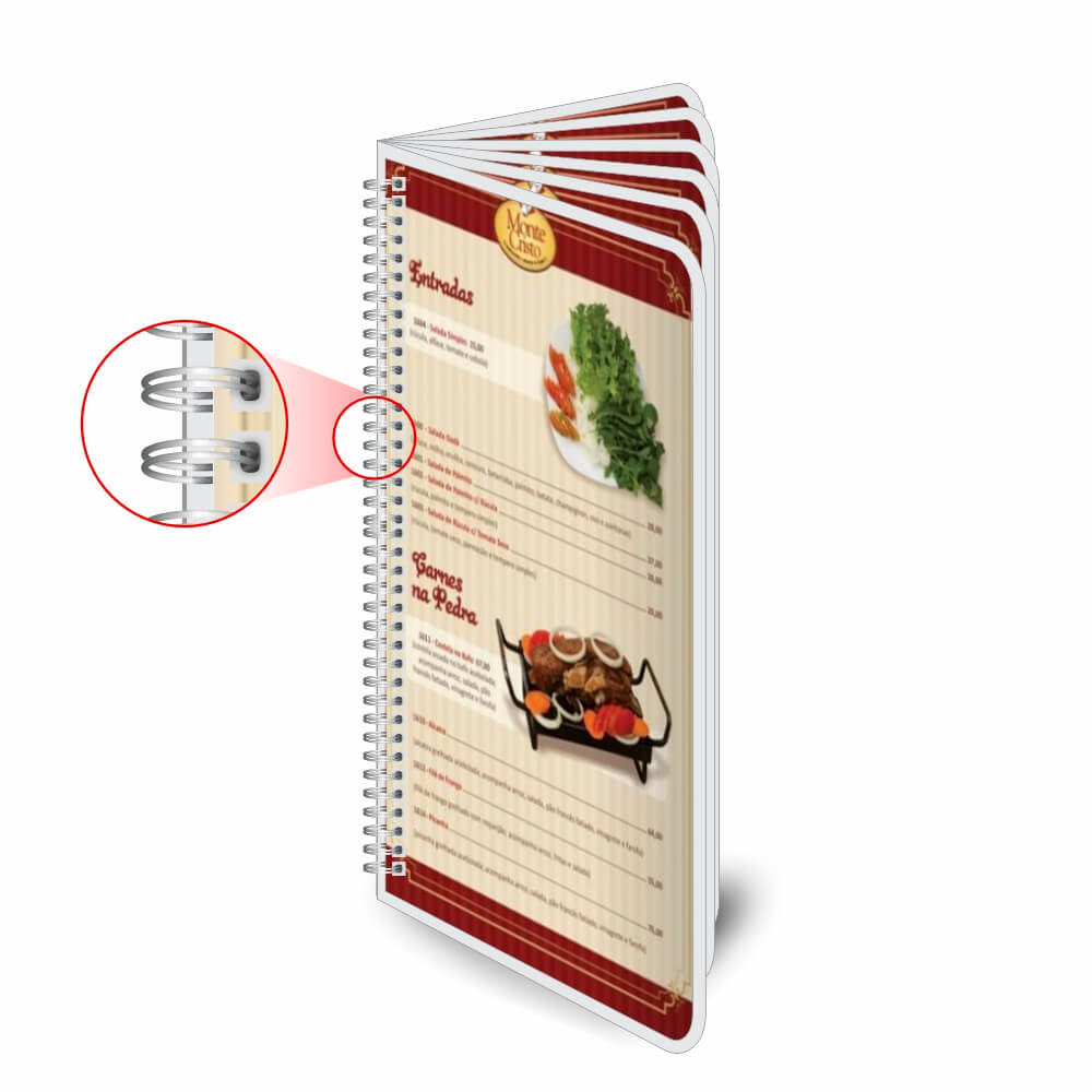 CARDÁPIOS CARDÁPIOS PERSONALIZADOS WIRE O 12 PÁGINAS PLASTIFICAÇÃO RÍGIDA 0,10MM COUCHÊ 150G 105X300MM - 4X4 - 8unid - CPCW12C1C