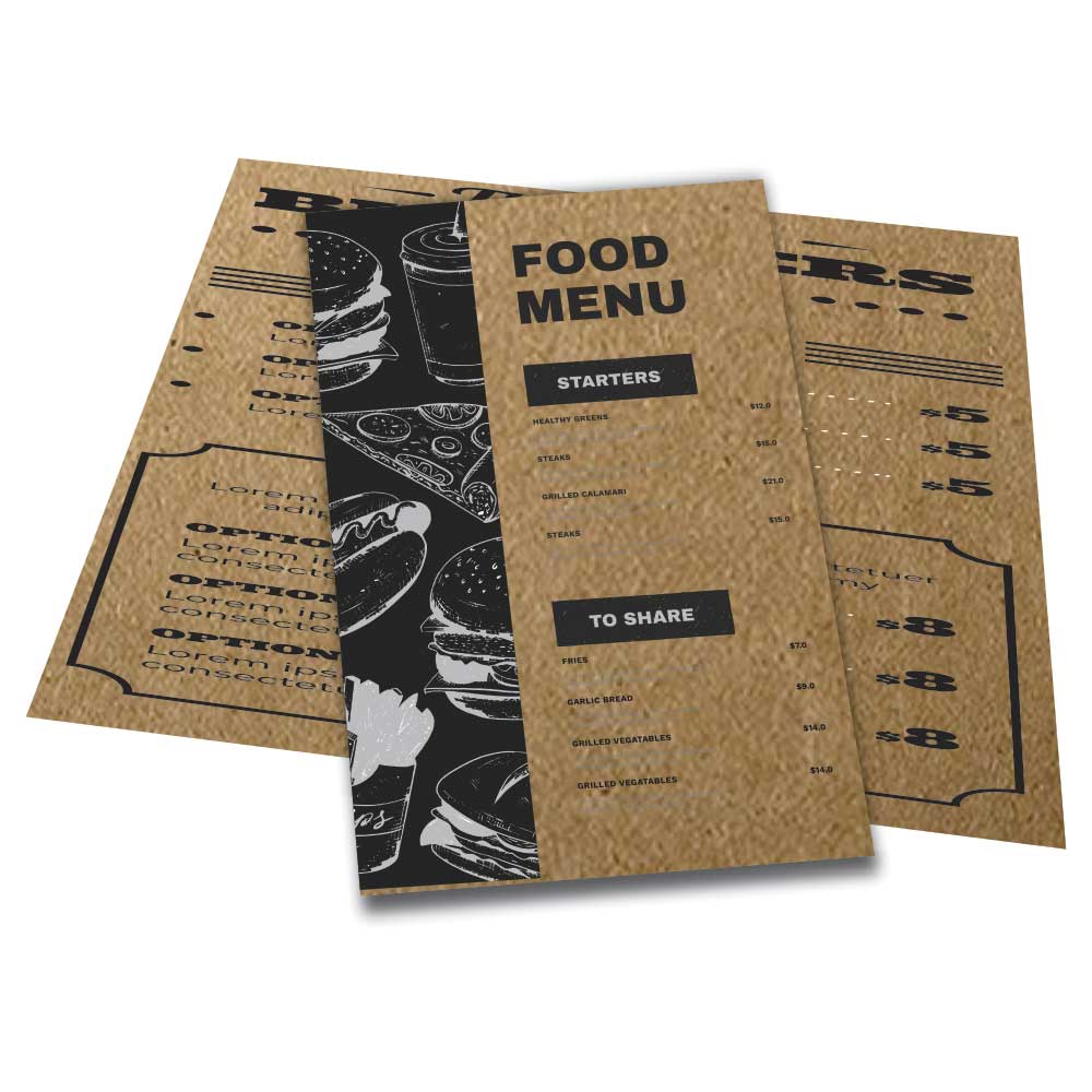 CARDÁPIOS CARDÁPIOS PERSONALIZADOS 4 PÁGINAS COM DOBRA KRAFT 250G 300X210MM - 1X1 - 100unid - CR44H100C