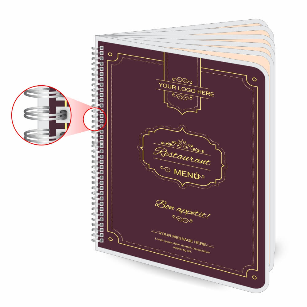 CARDÁPIOS CARDÁPIOS PERSONALIZADOS WIRE O 12 PÁGINAS PLASTIFICAÇÃO RÍGIDA 0,10MM COUCHÊ 150G 210X300MM - 4X4 - 6unid - CPCW12FCC