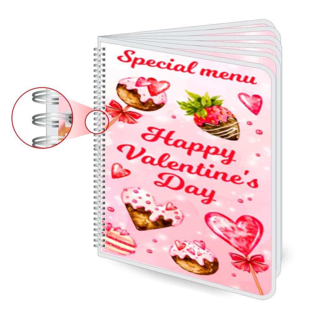CARDÁPIOS CARDÁPIOS PERSONALIZADOS WIRE O 12 PÁGINAS PLASTIFICAÇÃO RÍGIDA 0,10MM COUCHÊ 150G 210X300MM - 4X4 - 100unid - CW12ACC