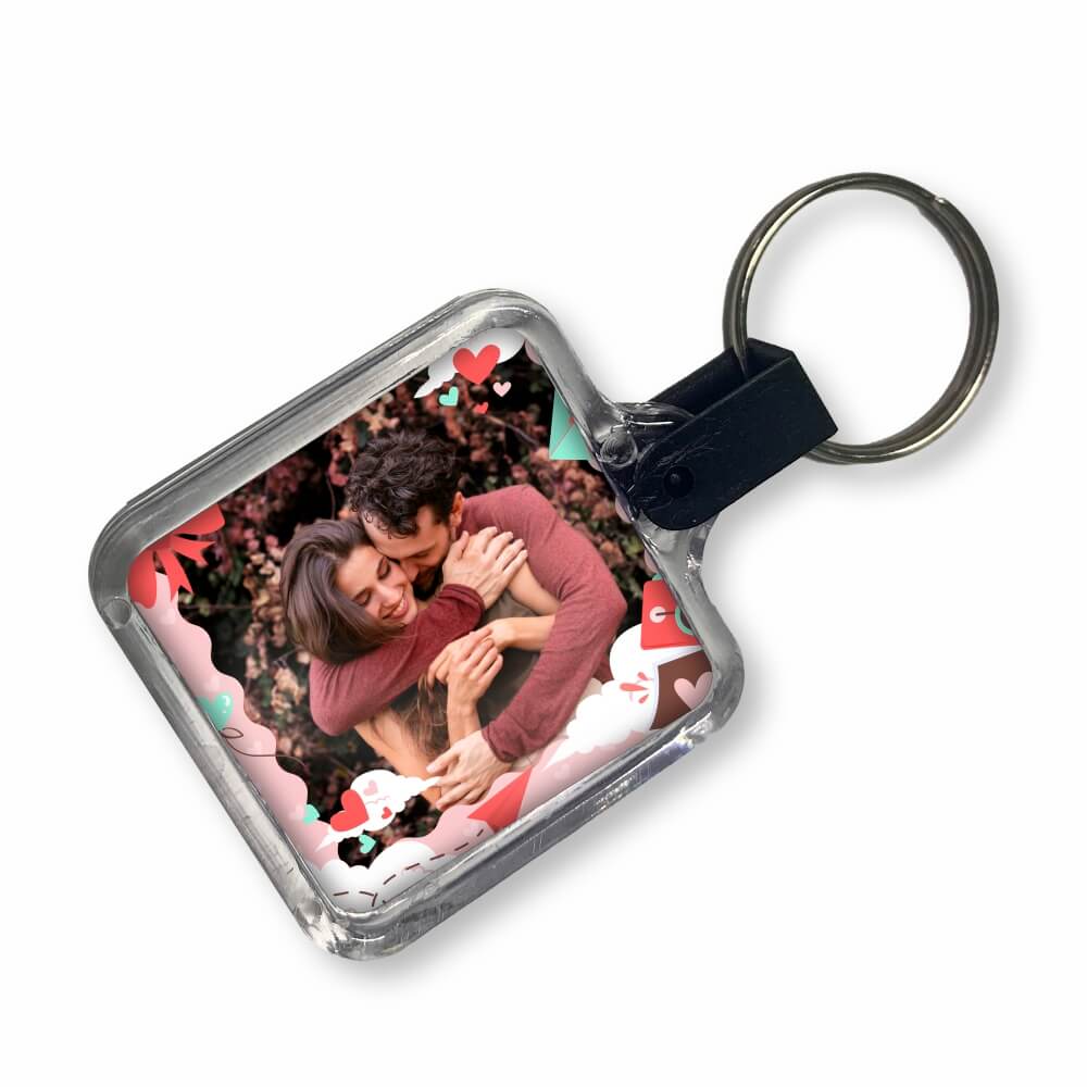 ABRIDORES E CHAVEIROS CHAVEIRO DE ACRÍLICO COM FOTO MODELO QUADRADO PRESILHA PRETA