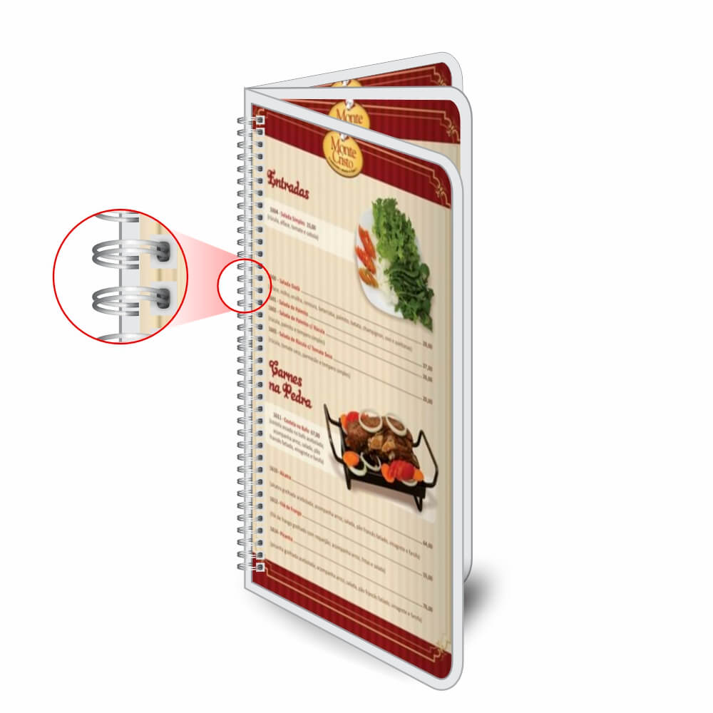 CARDÁPIOS CARDÁPIOS PERSONALIZADOS WIRE O 6 PÁGINAS PLASTIFICAÇÃO RÍGIDA 0,10MM COUCHÊ 150G 105X300MM - 4X4 - 12unid - CPCW6D1C
