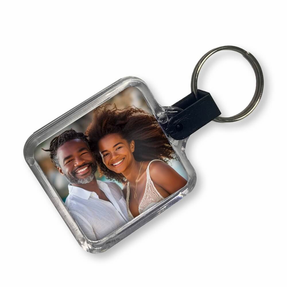 ABRIDORES E CHAVEIROS CHAVEIRO DE ACRÍLICO COM FOTO MODELO QUADRADO PRESILHA PRETA