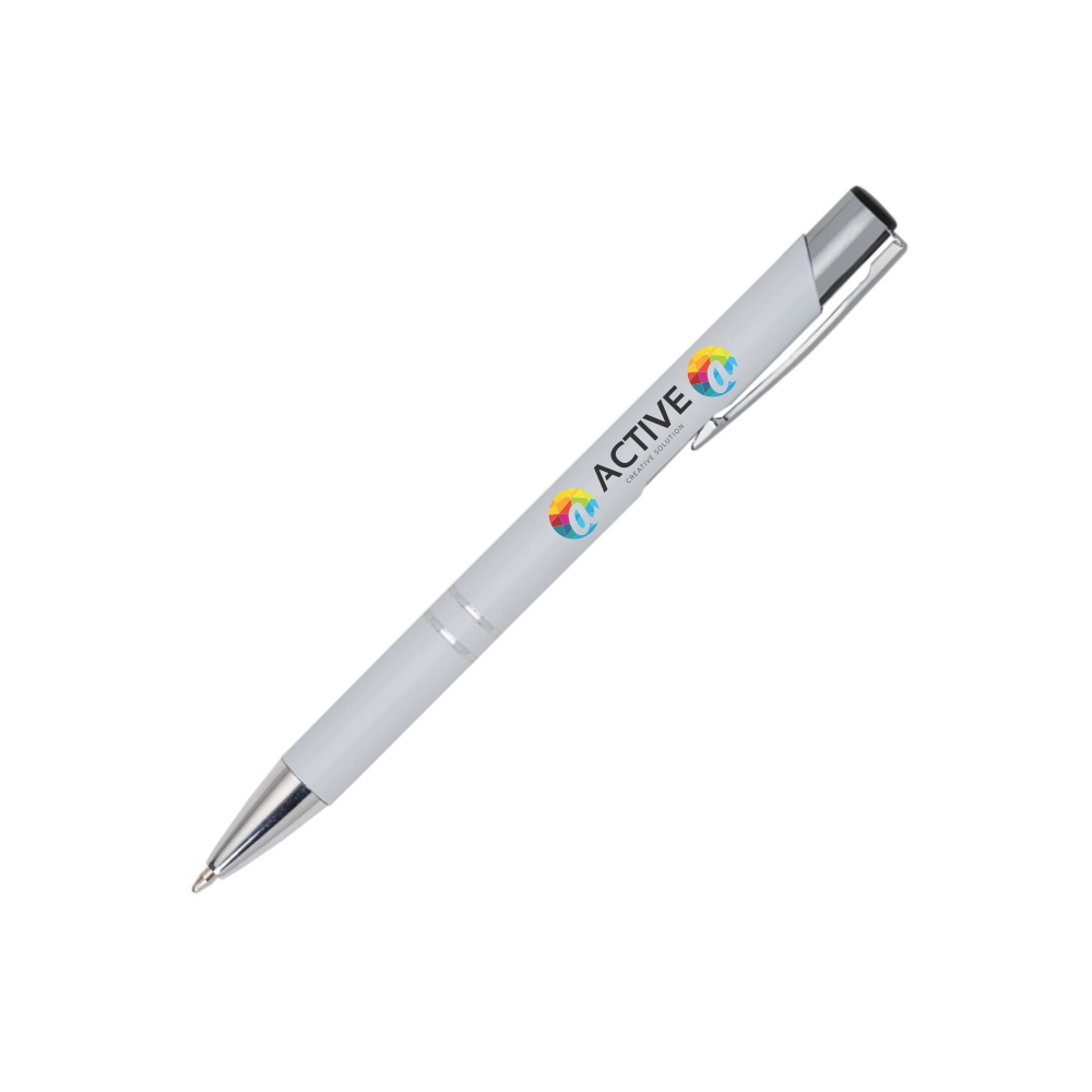 CANETAS IMPRESSÃO COLORIDA LINHA PREMIUM BETA SOFT ACABAMENTO METALIZADO BRANCA