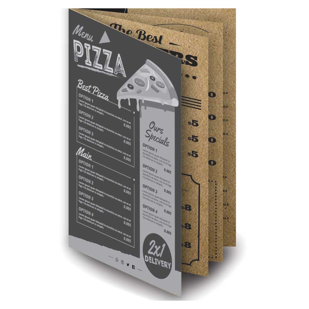 CARDÁPIOS CARDÁPIOS PERSONALIZADOS 8 PÁGINAS COM DOBRA KRAFT 250G 480X330MM - 1X1 - 25unid - CR83H25C